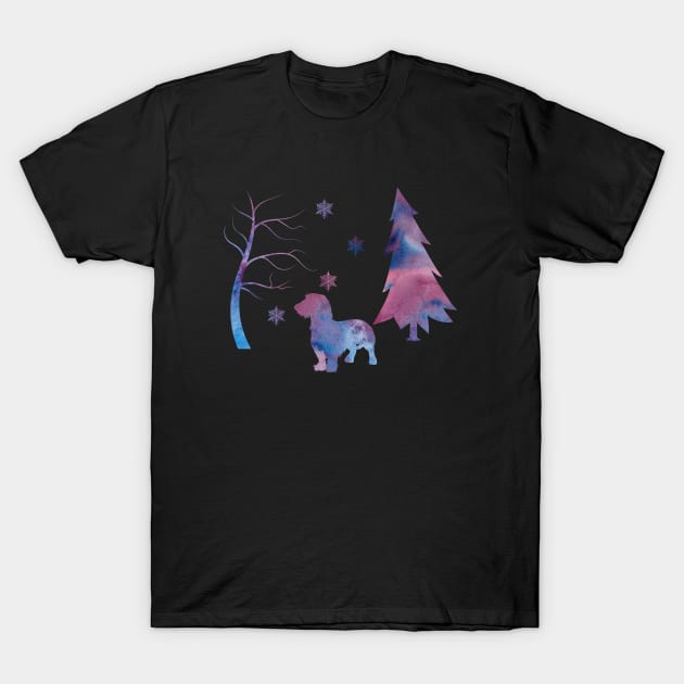 Wire Haired Dachshund Winter Snowflakes Art T-Shirt by BittenByErmines